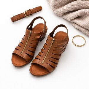 AEROSOLES Tan Leather Strappy Wedge Sandals with Gold Zipper